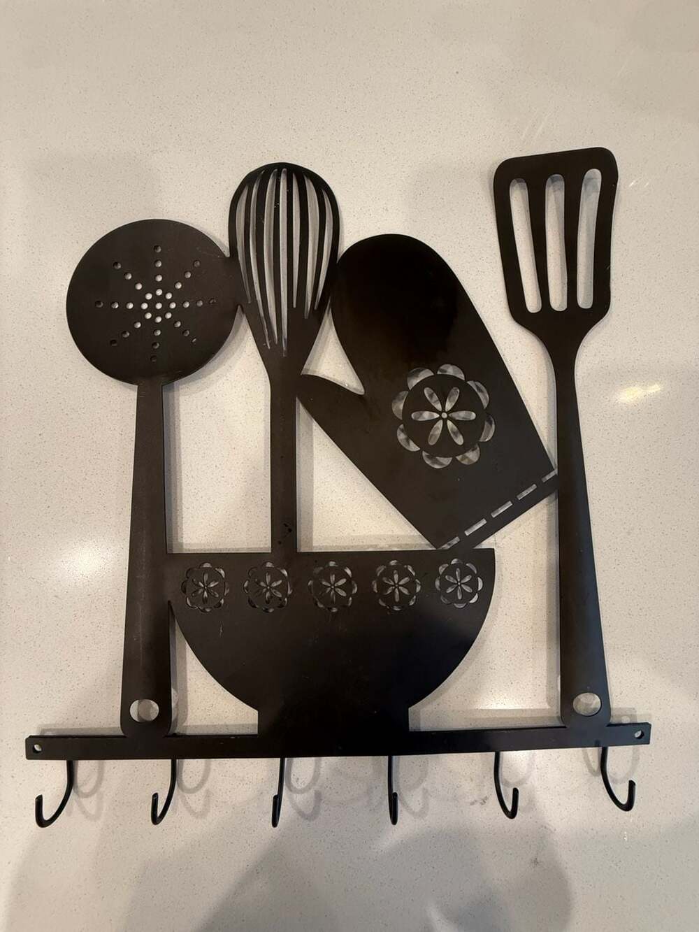 Vintage Black Metal Kitchen Utensil Wall Art Hook Rack - 6 Hooks